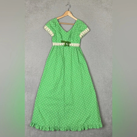 Princess Kaiulani Vintage Dress Womens Small Green Hawaiian 60's Empire Maxi Dot - Picture 1 of 11